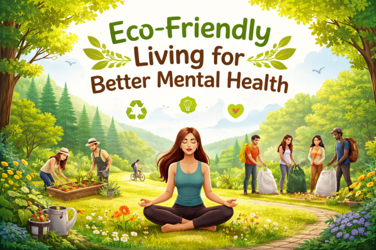 Person relaxing in green nature environment to support mental health and eco-friendly living