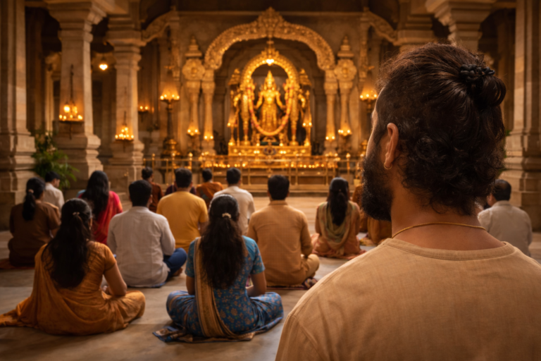 devotees sitting quietly in a Hindu temple listening to bhajans