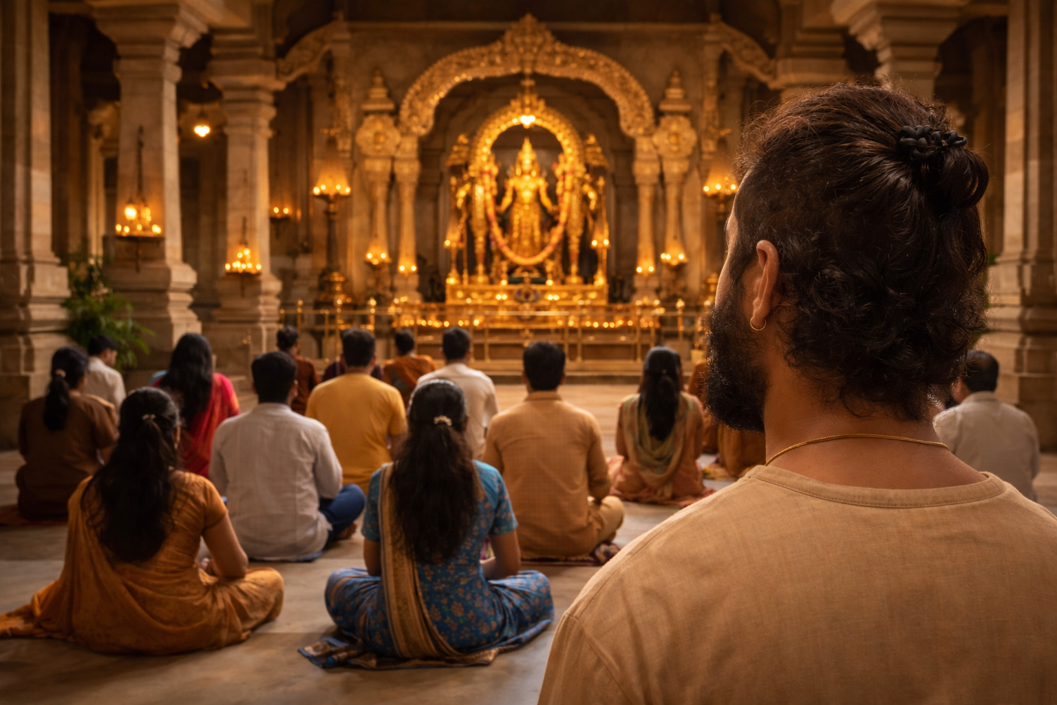 devotees sitting quietly in a Hindu temple listening to bhajans