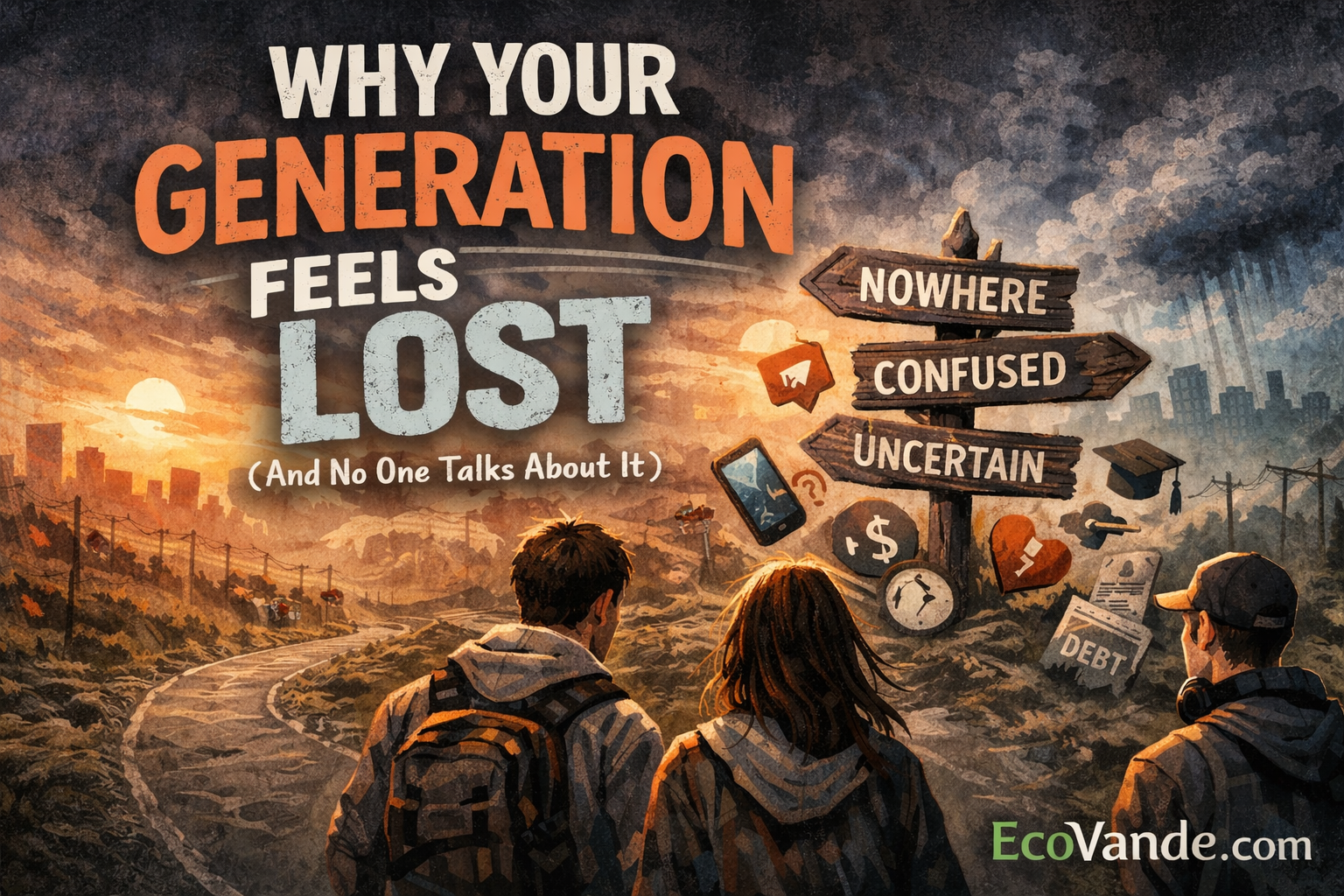 Why your generation feels lost illustration with confused youth and EcoVande branding